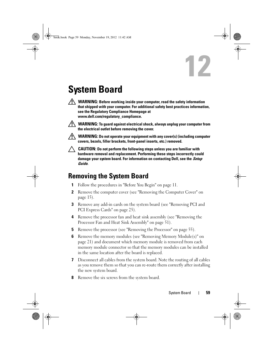 System board, Removing the system board | Dell Dimension 2010 User Manual | Page 59 / 78
