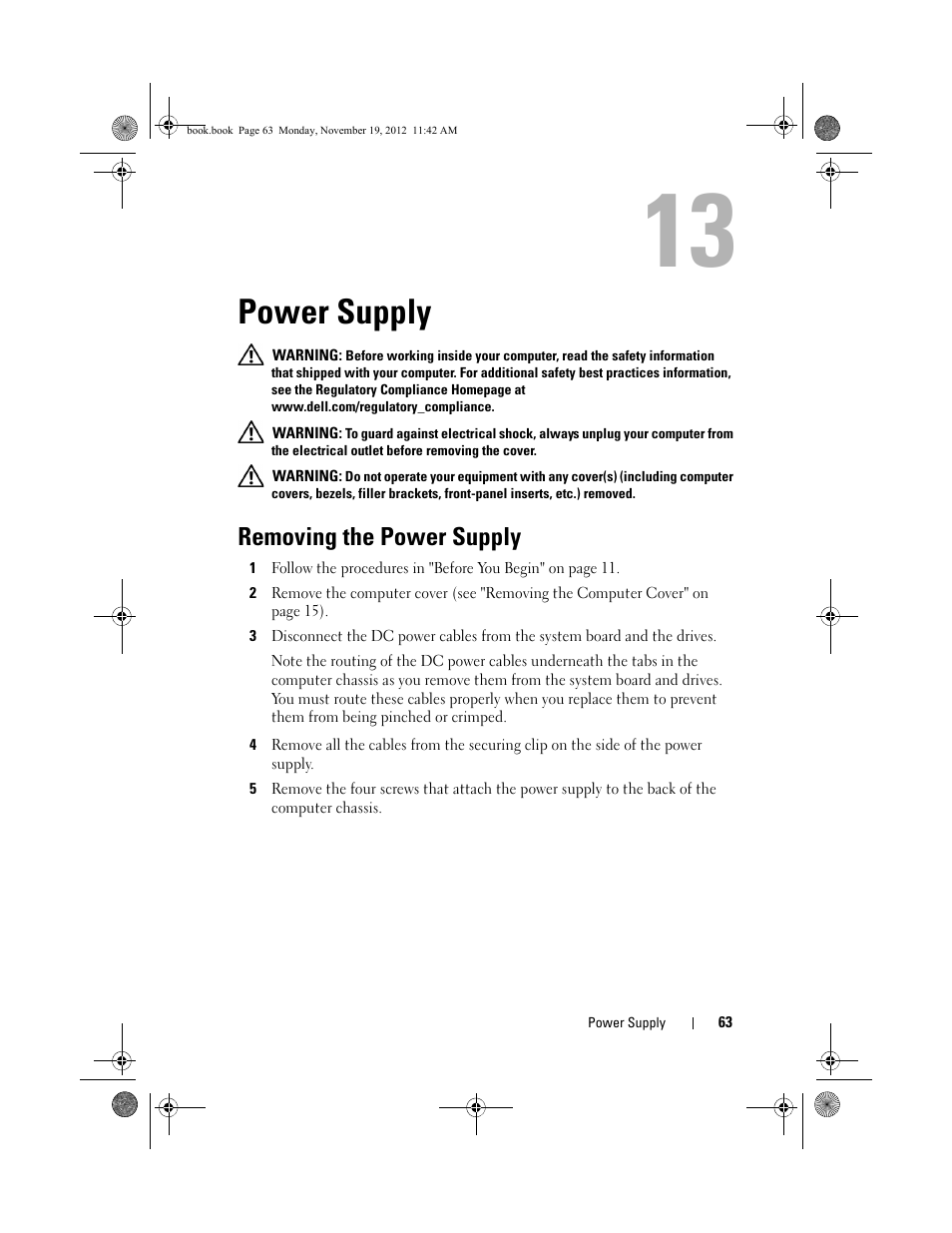 Power supply, Removing the power supply | Dell Dimension 2010 User Manual | Page 63 / 78