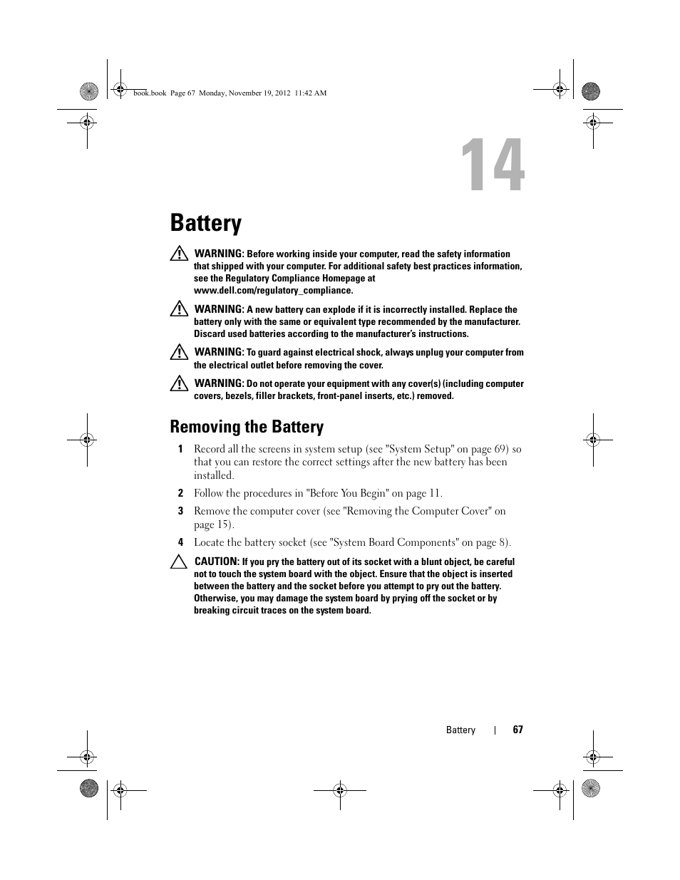 Battery, Removing the battery | Dell Dimension 2010 User Manual | Page 67 / 78
