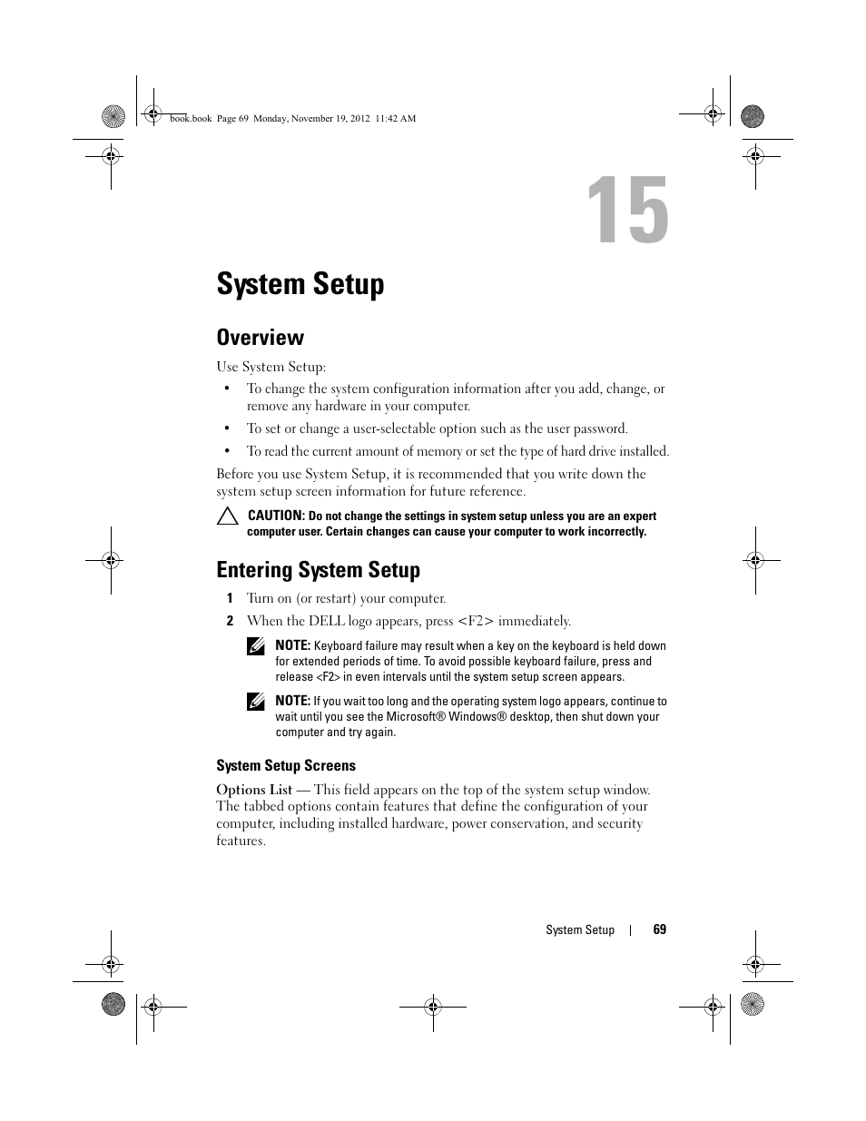System setup, Overview, Entering system setup | System setup screens, Entering system setup" on, Ges (see "entering, See "entering | Dell Dimension 2010 User Manual | Page 69 / 78