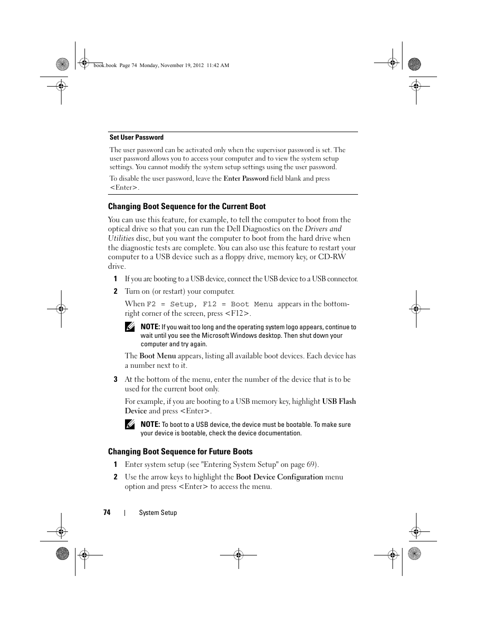 Changing boot sequence for the current boot, Changing boot sequence for future boots, Changing boot sequence for the | Current boot | Dell Dimension 2010 User Manual | Page 74 / 78