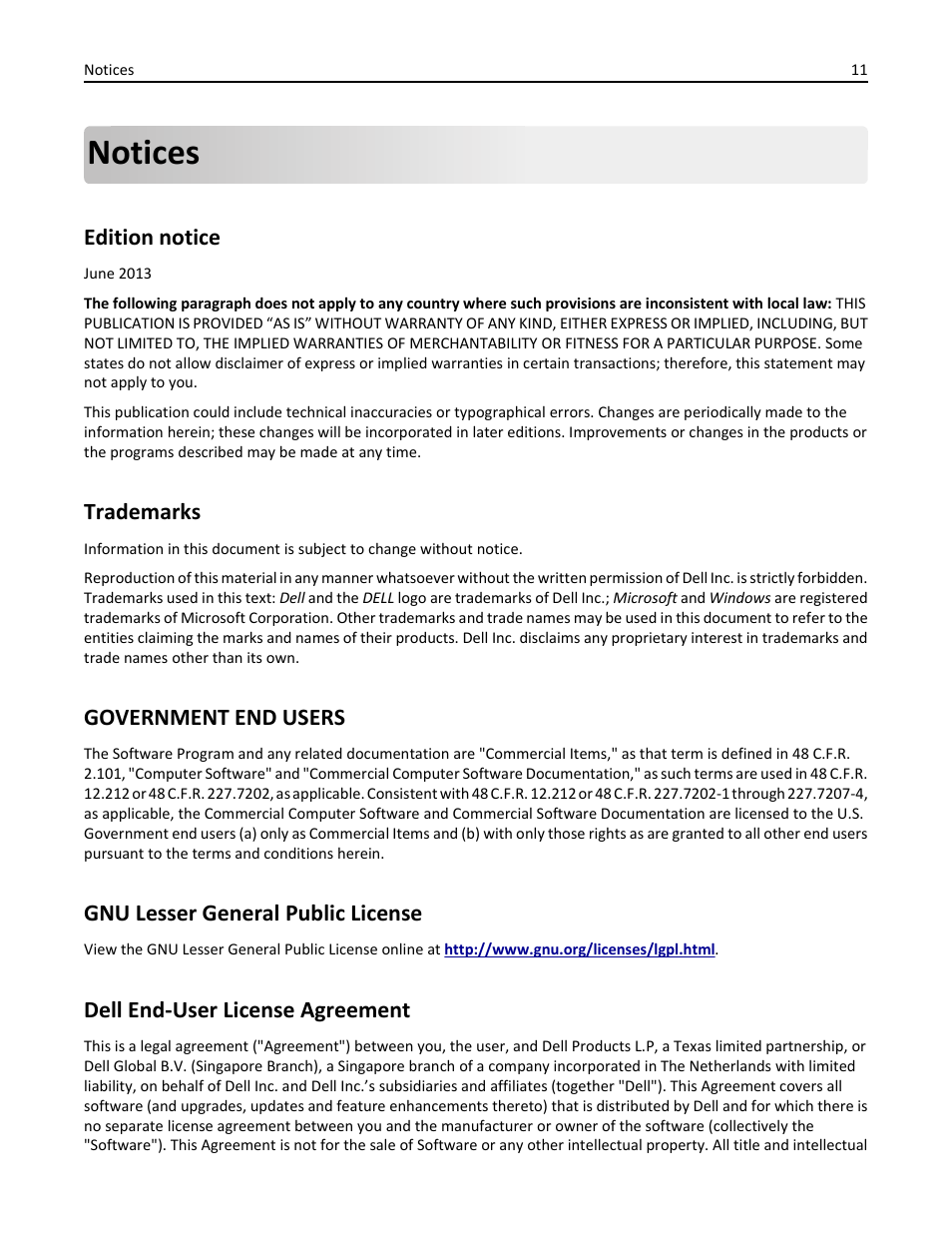 Notices, Edition notice, Trademarks | Government end users, Gnu lesser general public license, Dell end-user license agreement | Dell B3465dnf Mono Laser Multifunction Printer User Manual | Page 11 / 16