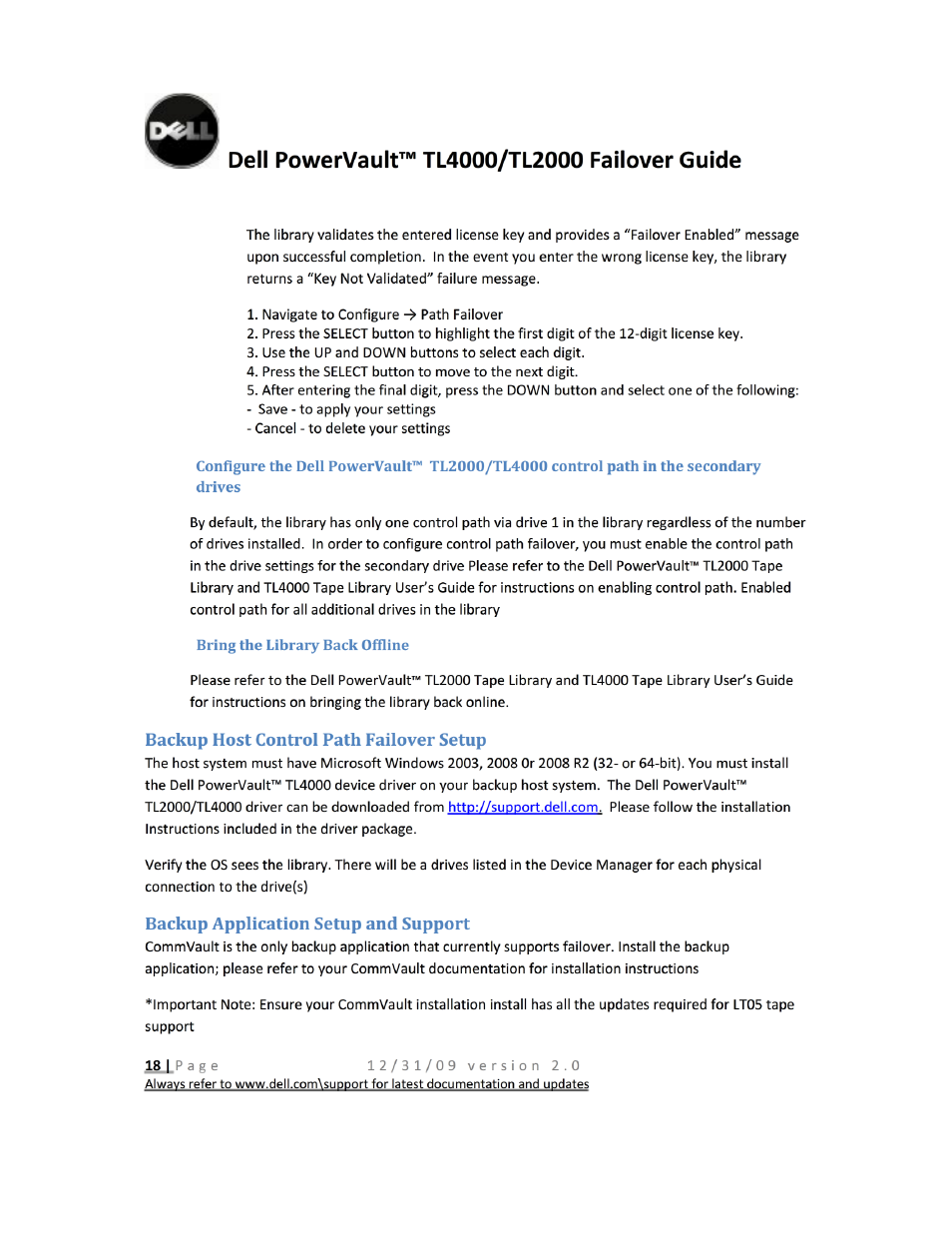 Backup host control path failover setup, Backup application setup and support | Dell PowerVault TL2000 User Manual | Page 18 / 22