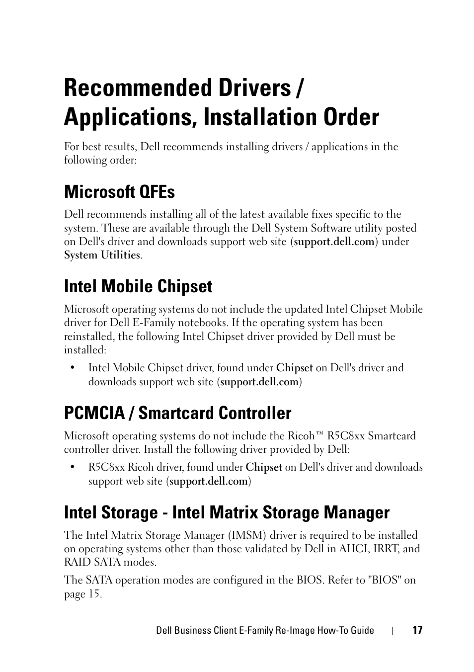 Microsoft qfes, Intel mobile chipset, Pcmcia / smartcard controller | Intel storage - intel matrix storage manager, Recommended drivers / applications, Installation order | Dell Latitude E6400 XFR (Mid 2008) User Manual | Page 17 / 34