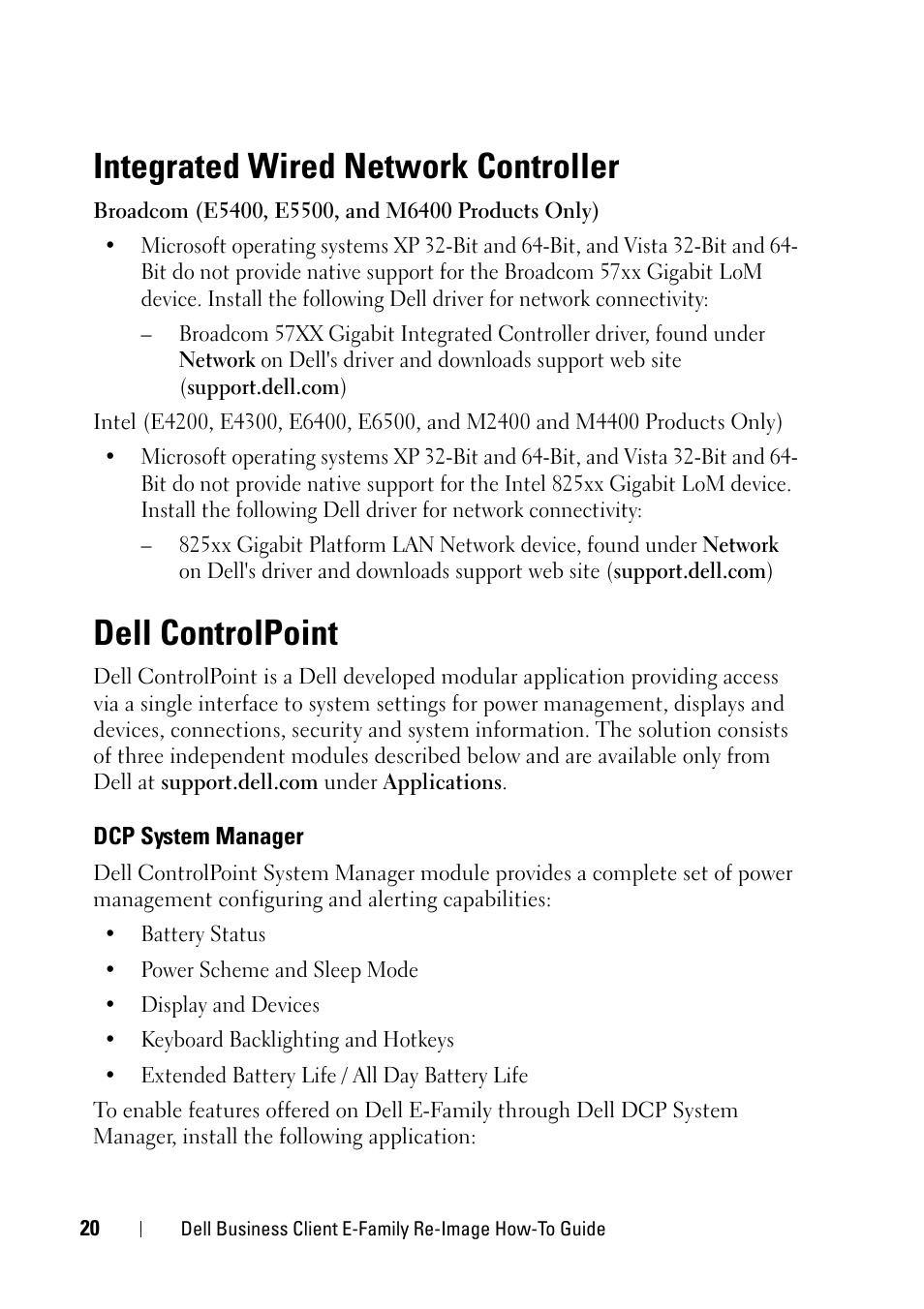 Integrated wired network controller, Dell controlpoint, Dcp system manager | Dell Latitude E6400 XFR (Mid 2008) User Manual | Page 20 / 34