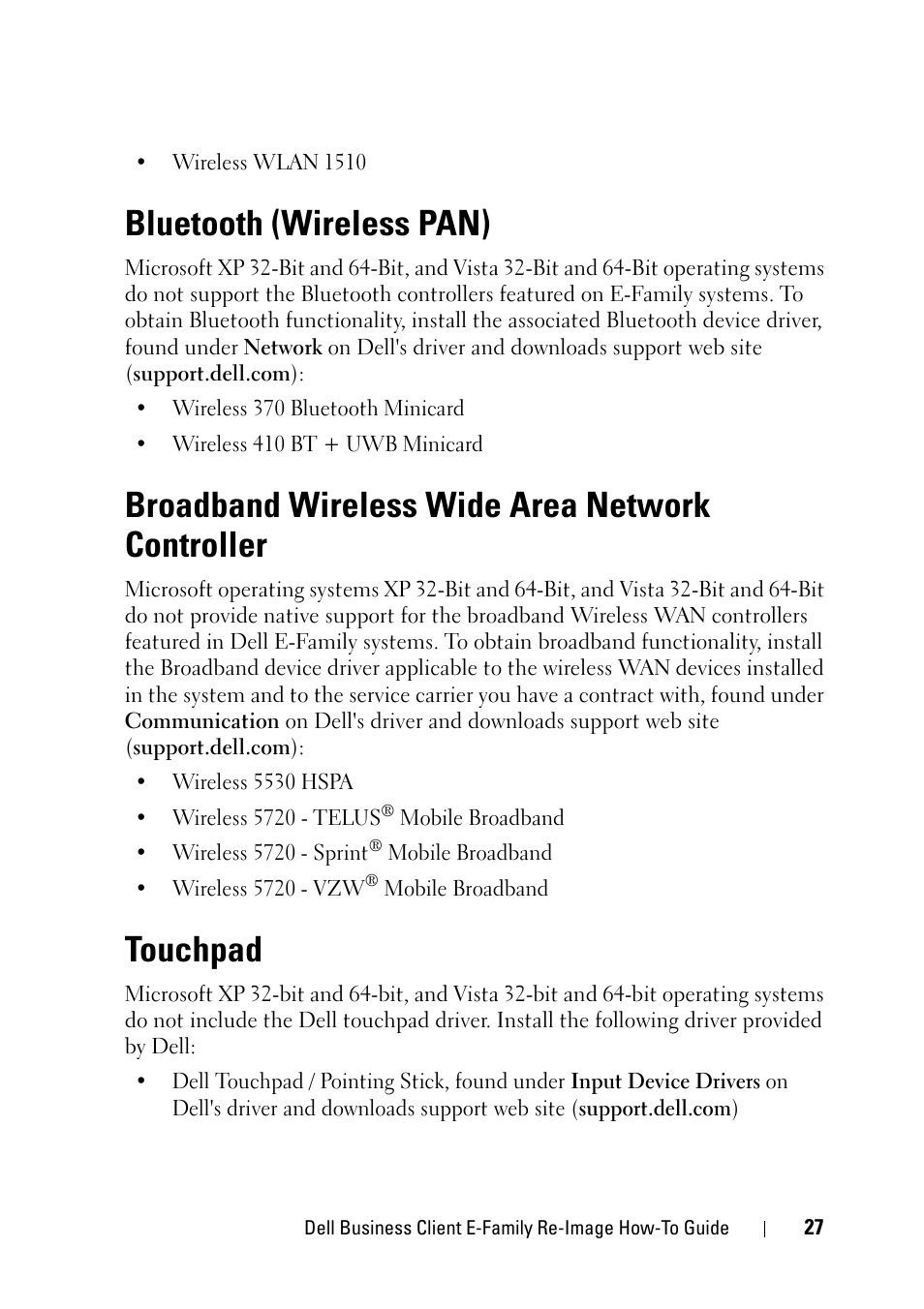 Bluetooth (wireless pan), Broadband wireless wide area network controller, Touchpad | Dell Latitude E6400 XFR (Mid 2008) User Manual | Page 27 / 34