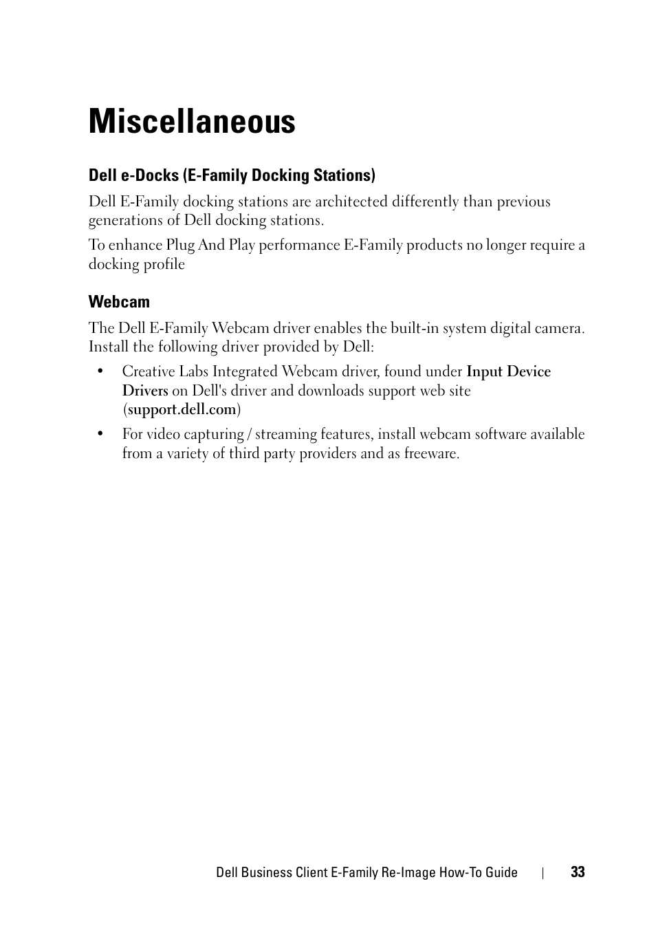 Miscellaneous, Dell e-docks (e-family docking stations), Webcam | Dell Latitude E6400 XFR (Mid 2008) User Manual | Page 33 / 34