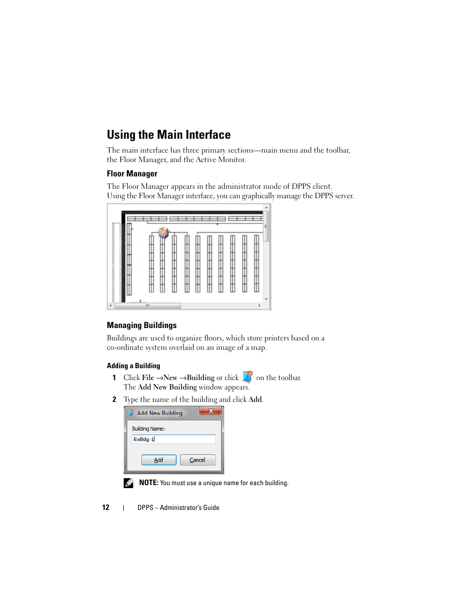 Using the main interface, Floor manager, Managing buildings | Adding a building | Dell Proximity Printing Solution User Manual | Page 12 / 29