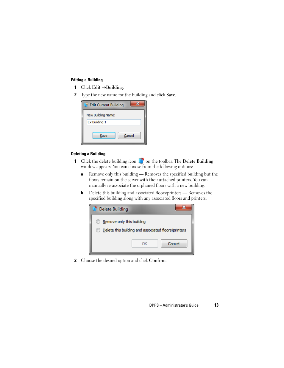 Editing a building, Deleting a building | Dell Proximity Printing Solution User Manual | Page 13 / 29