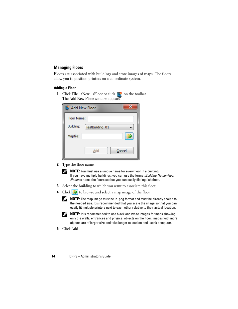 Managing floors, Adding a floor | Dell Proximity Printing Solution User Manual | Page 14 / 29