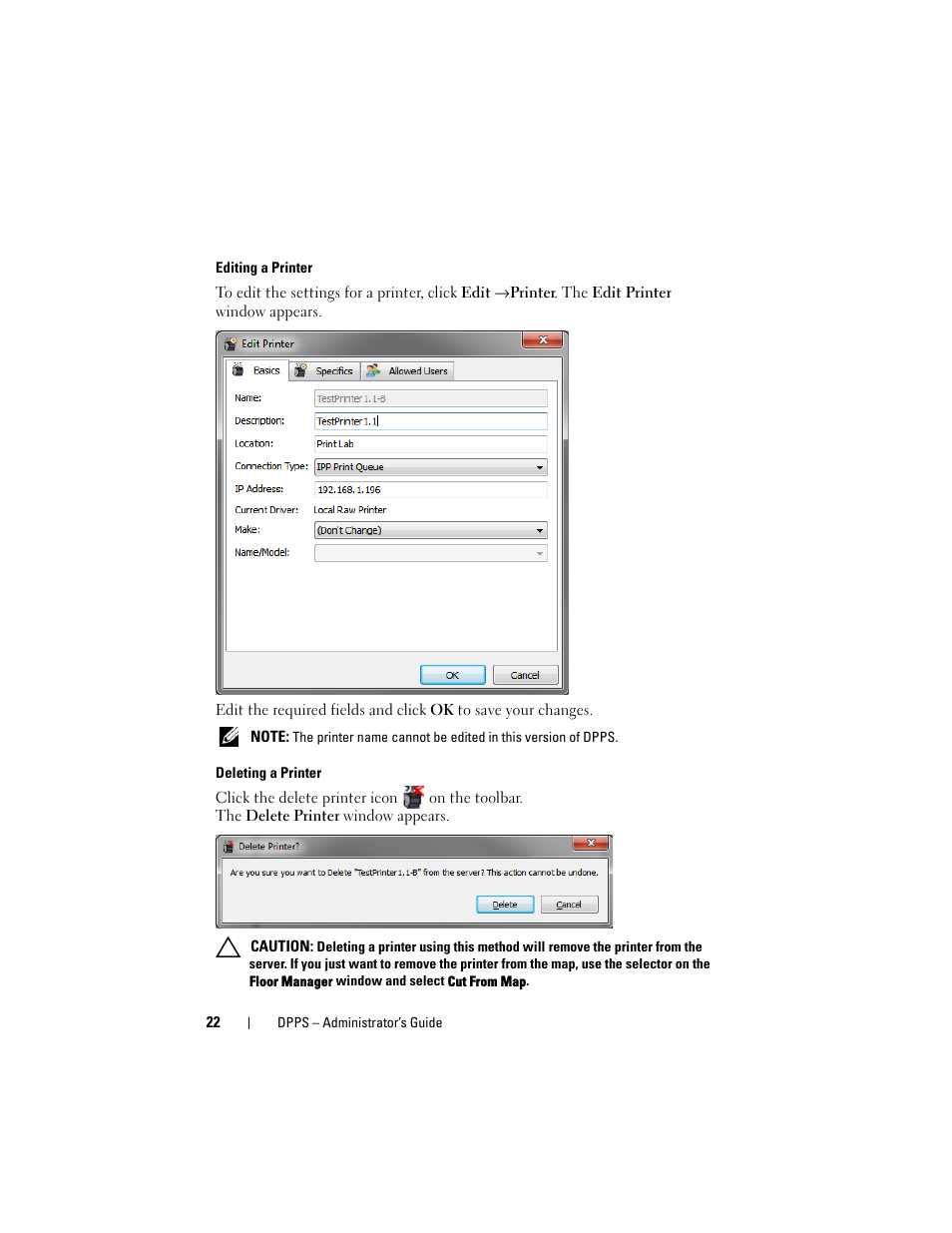 Editing a printer, Deleting a printer | Dell Proximity Printing Solution User Manual | Page 22 / 29