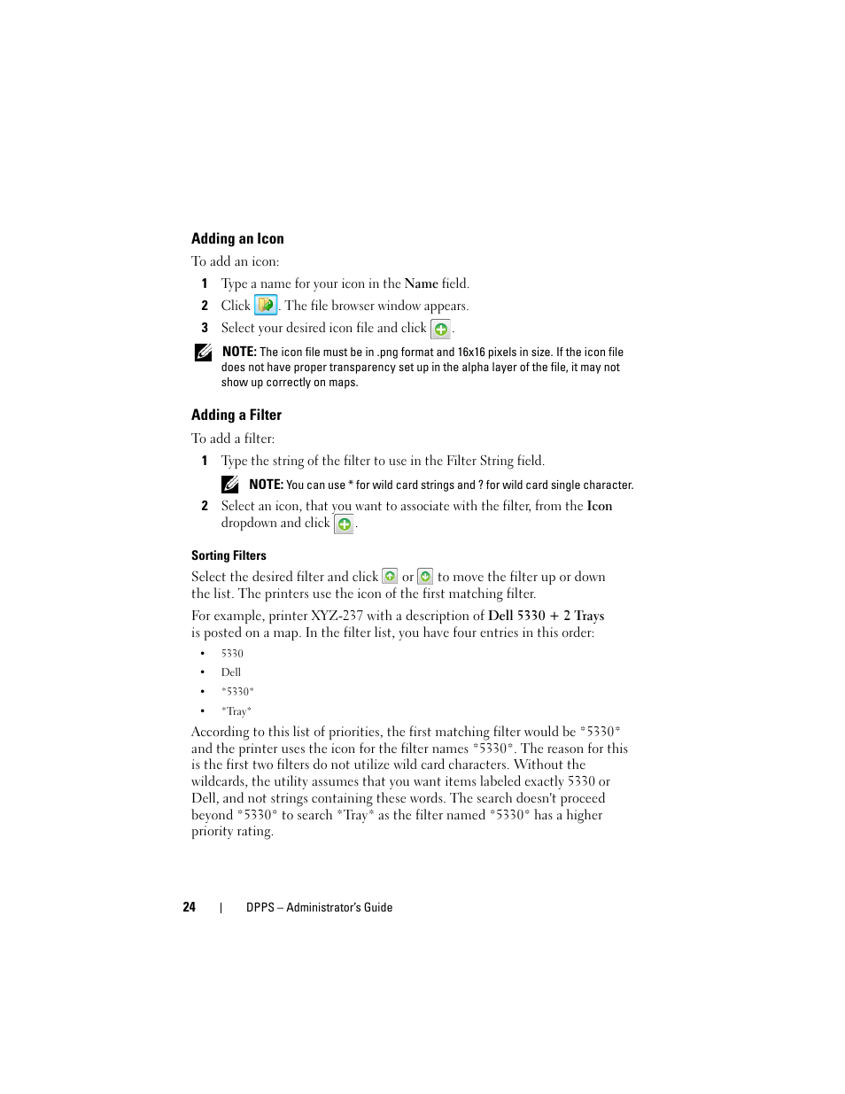 Adding an icon, Adding a filter, Sorting filters | Dell Proximity Printing Solution User Manual | Page 24 / 29