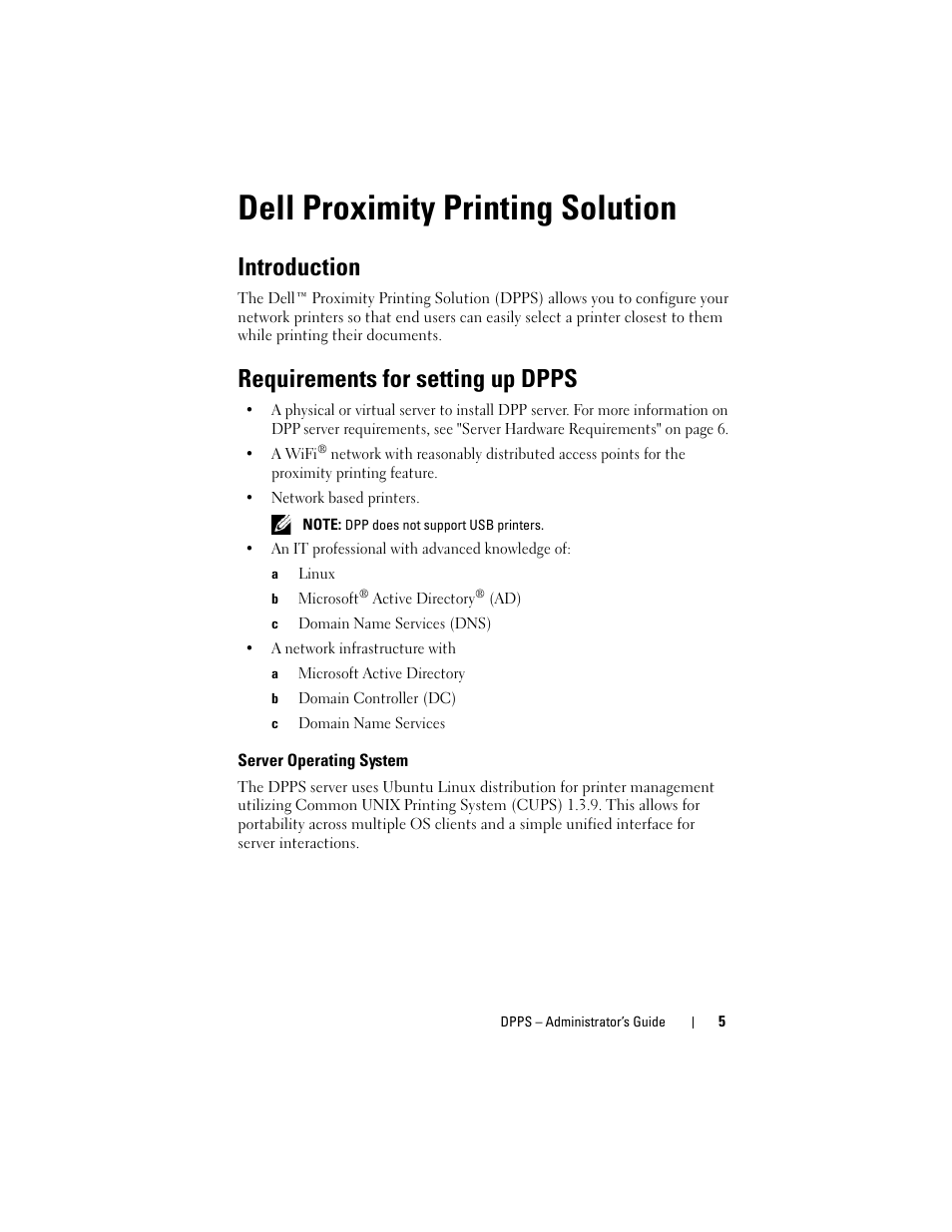 Dell proximity printing solution, Introduction, Requirements for setting up dpps | Server operating system | Dell Proximity Printing Solution User Manual | Page 5 / 29