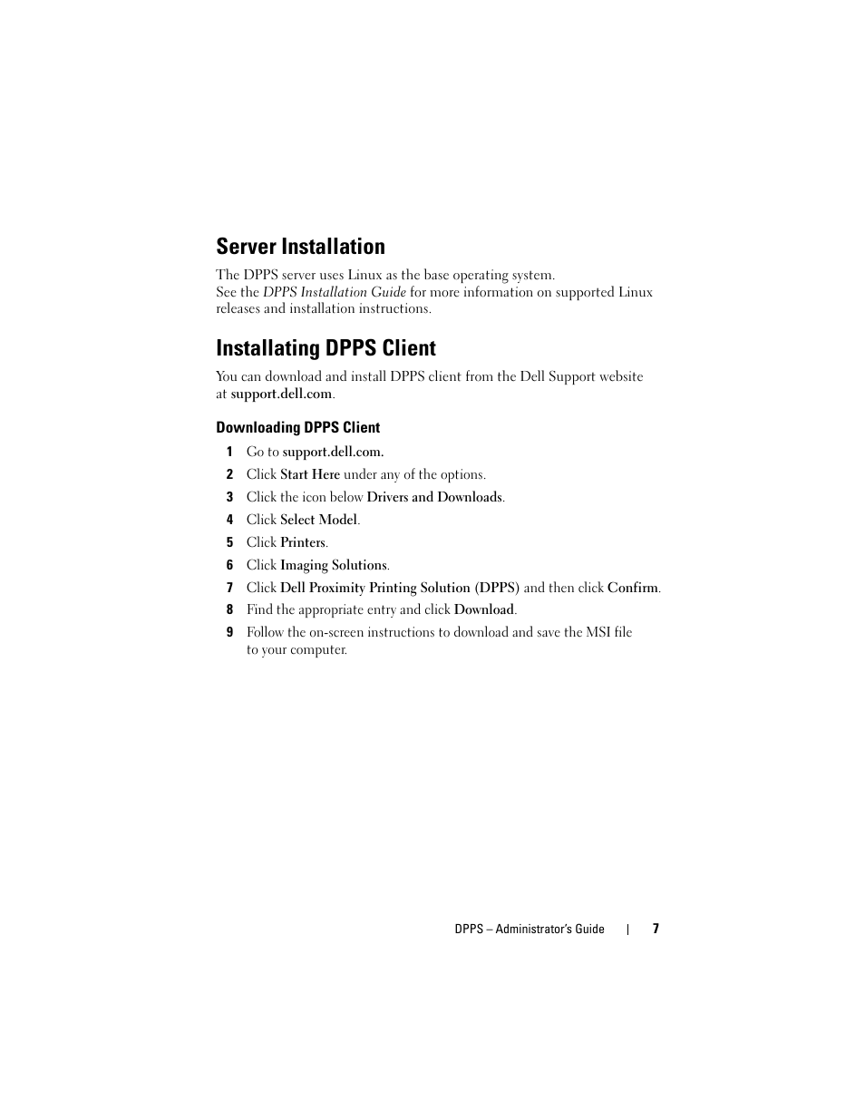 Server installation, Installating dpps client, Downloading dpps client | Dell Proximity Printing Solution User Manual | Page 7 / 29