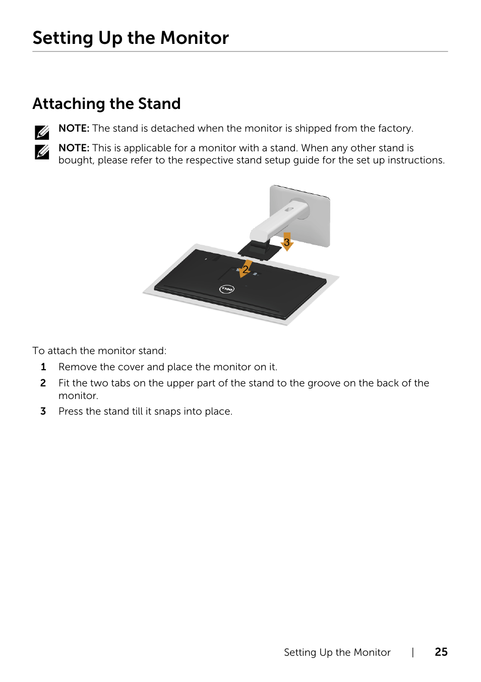 Setting up the monitor, Attaching the stand | Dell U2415 Monitor User Manual | Page 25 / 65