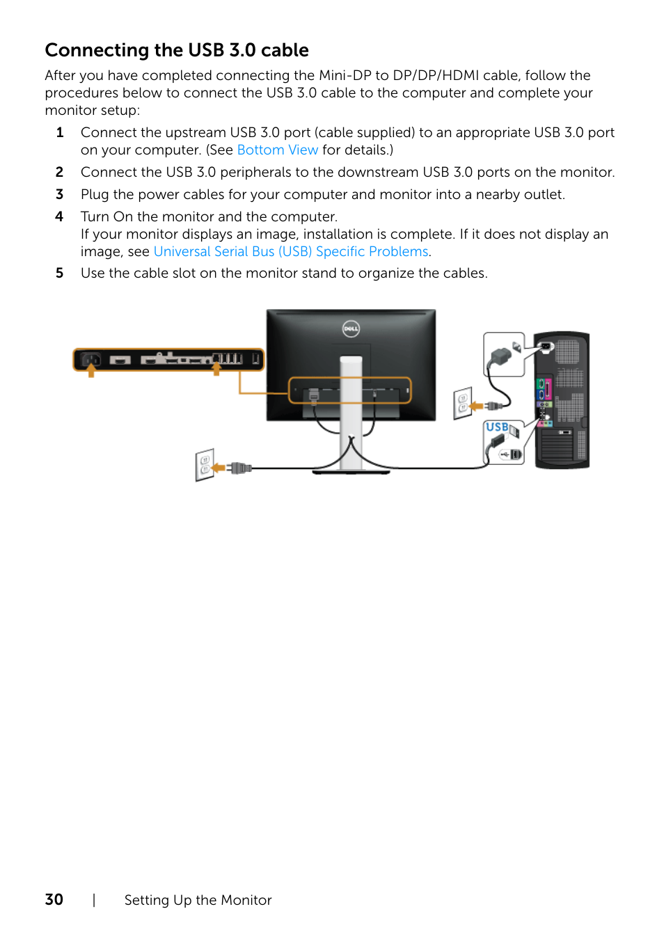 Connecting the usb 3.0 cable | Dell U2415 Monitor User Manual | Page 30 / 65
