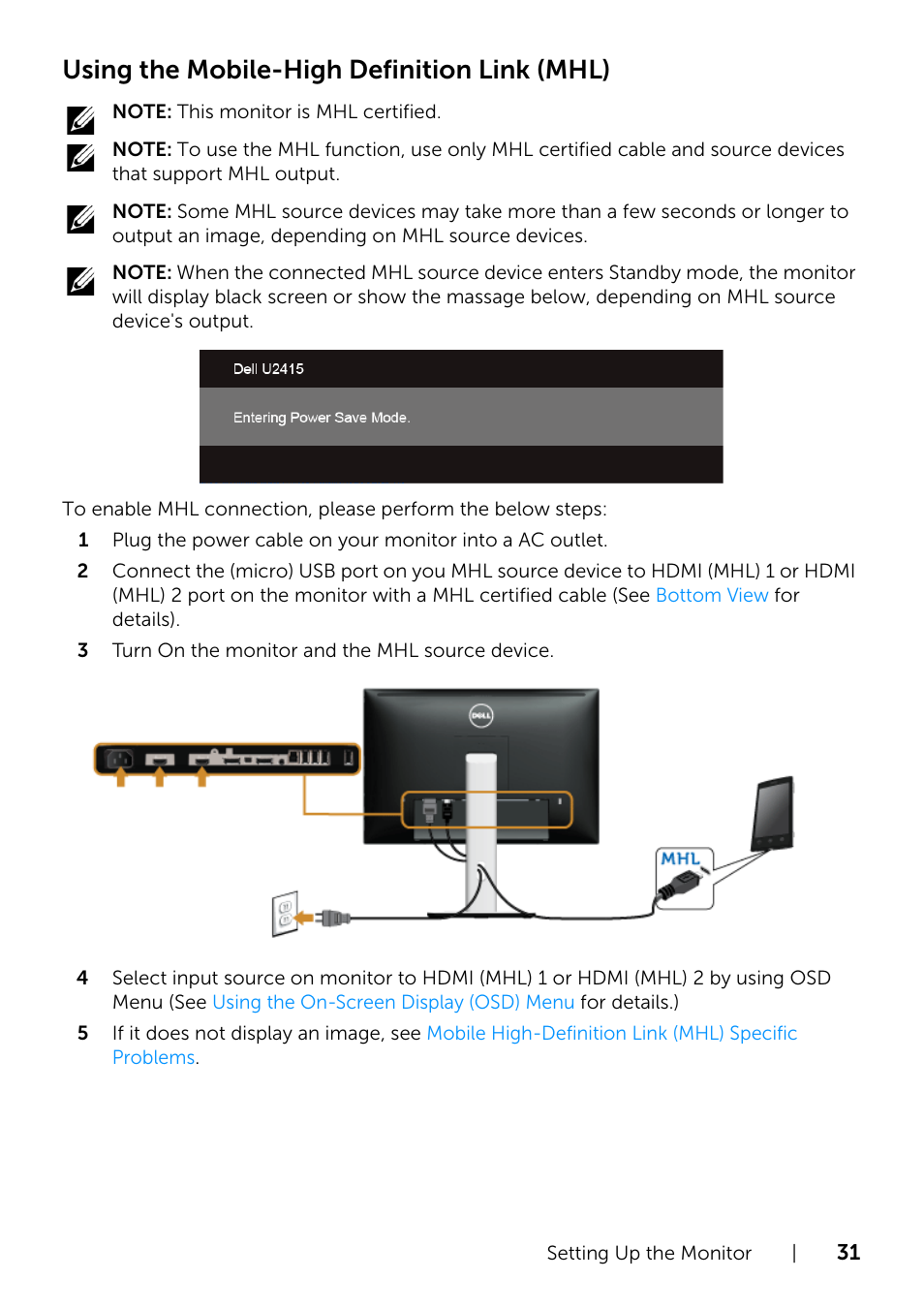 Using the mobile-high definition link (mhl) | Dell U2415 Monitor User Manual | Page 31 / 65