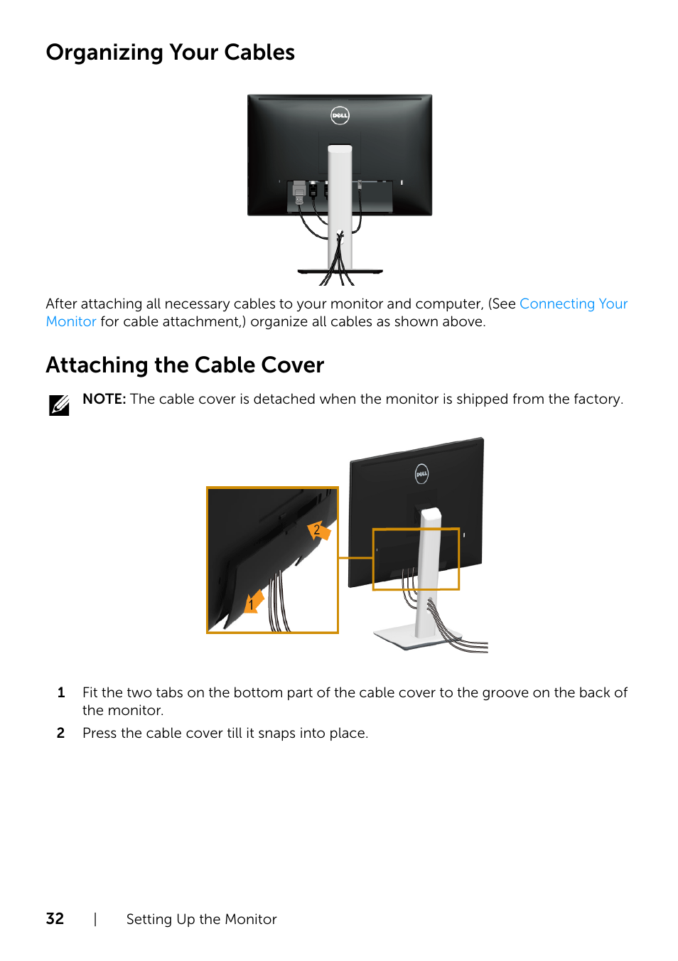 Organizing your cables, Attaching the cable cover | Dell U2415 Monitor User Manual | Page 32 / 65