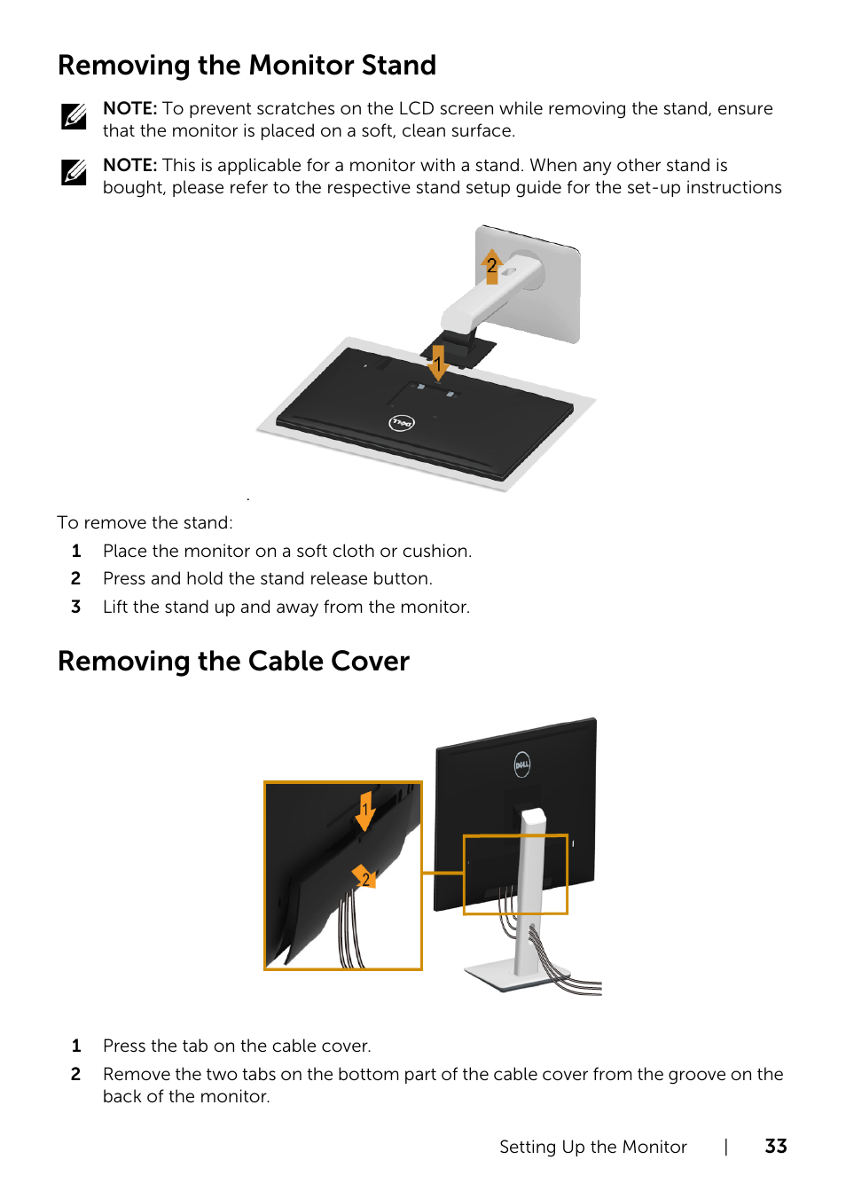 Removing the cable cover, Removing the monitor stand | Dell U2415 Monitor User Manual | Page 33 / 65