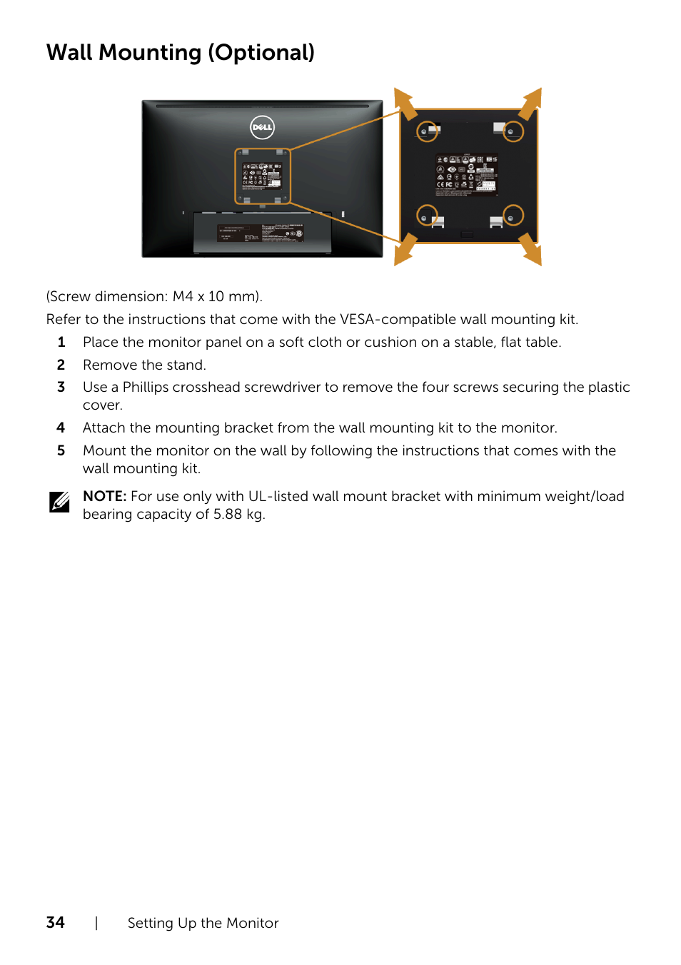 Wall mounting (optional) | Dell U2415 Monitor User Manual | Page 34 / 65
