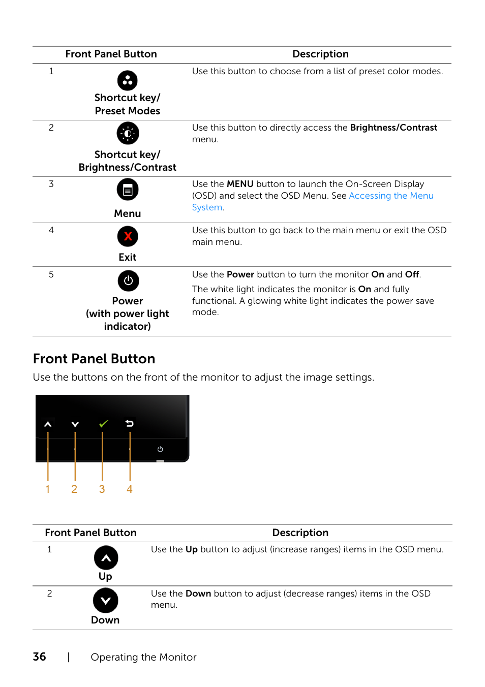 Front panel button | Dell U2415 Monitor User Manual | Page 36 / 65