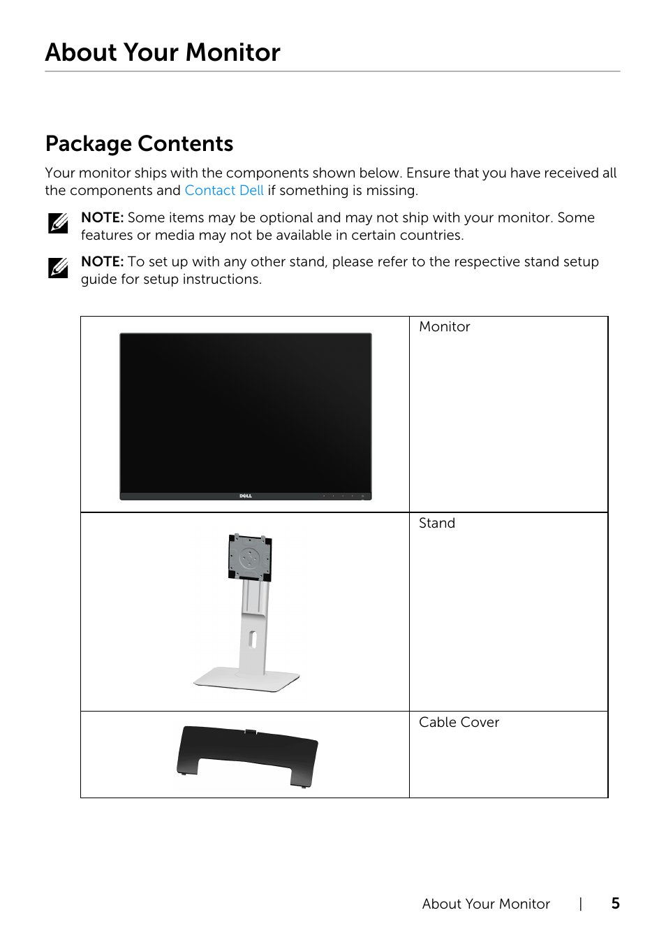 About your monitor, Package contents | Dell U2415 Monitor User Manual | Page 5 / 65