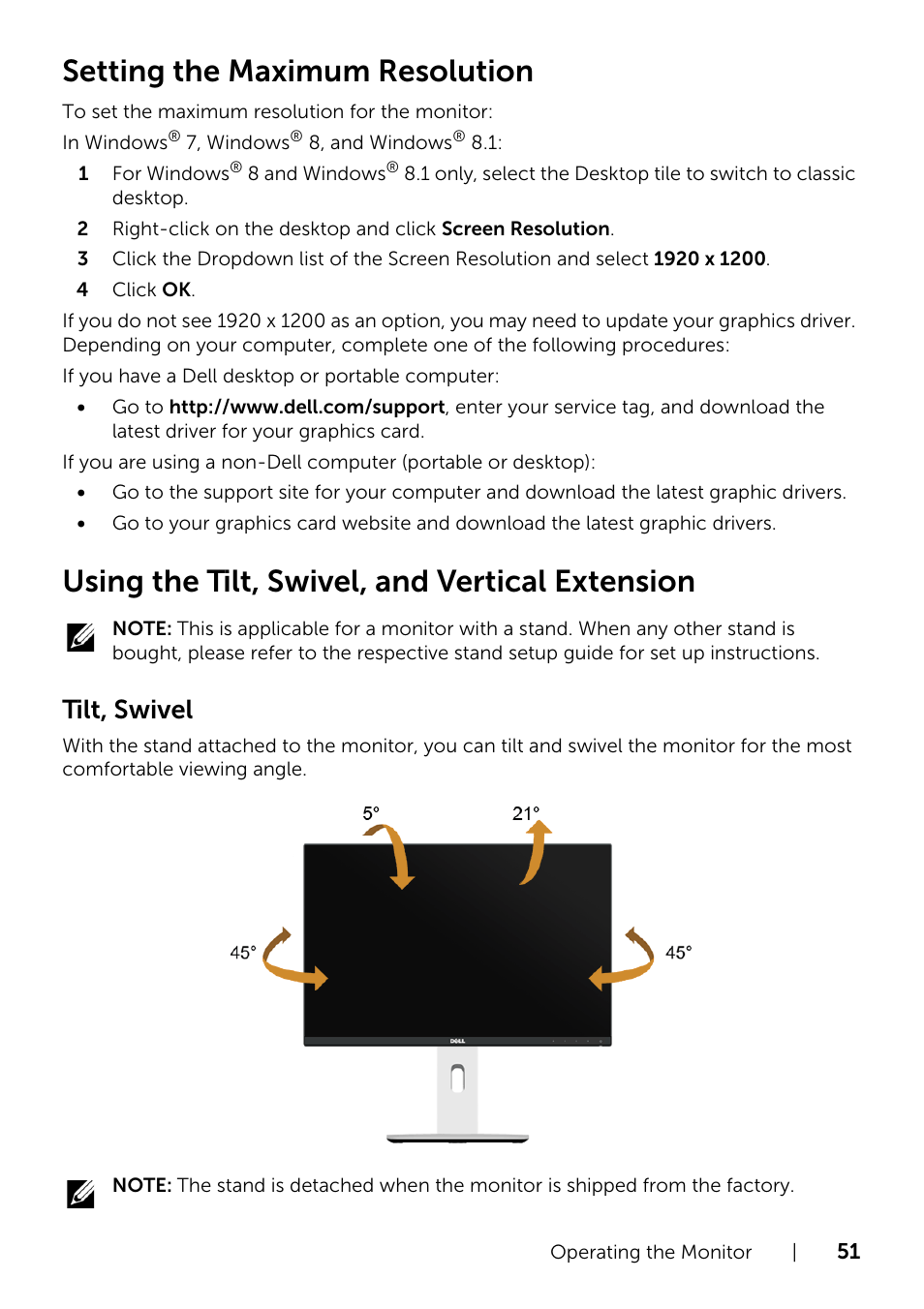 Using the tilt, swivel, and vertical extension, Setting the maximum resolution, Tilt, swivel | Dell U2415 Monitor User Manual | Page 51 / 65