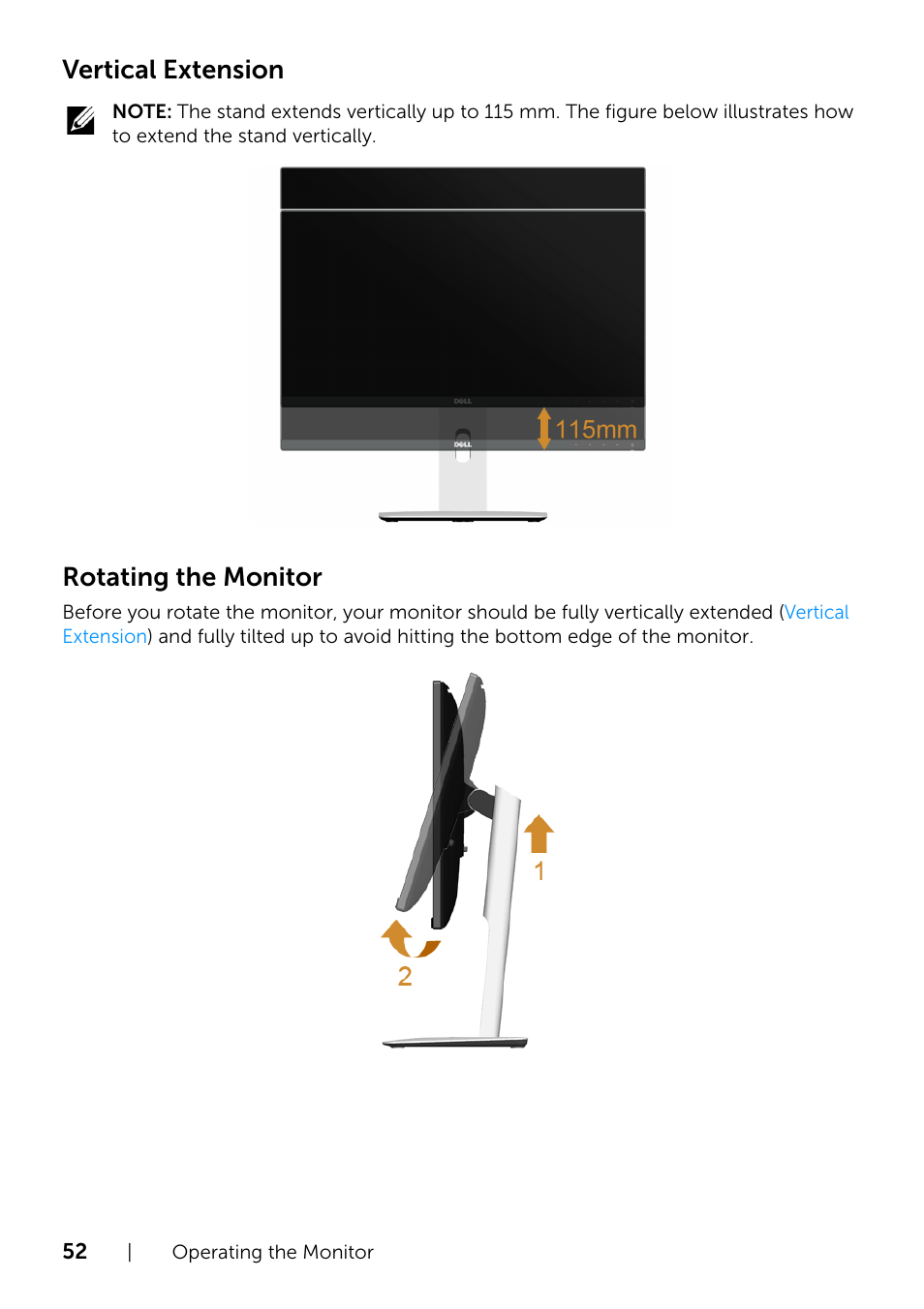 Vertical extension, Rotating the monitor | Dell U2415 Monitor User Manual | Page 52 / 65