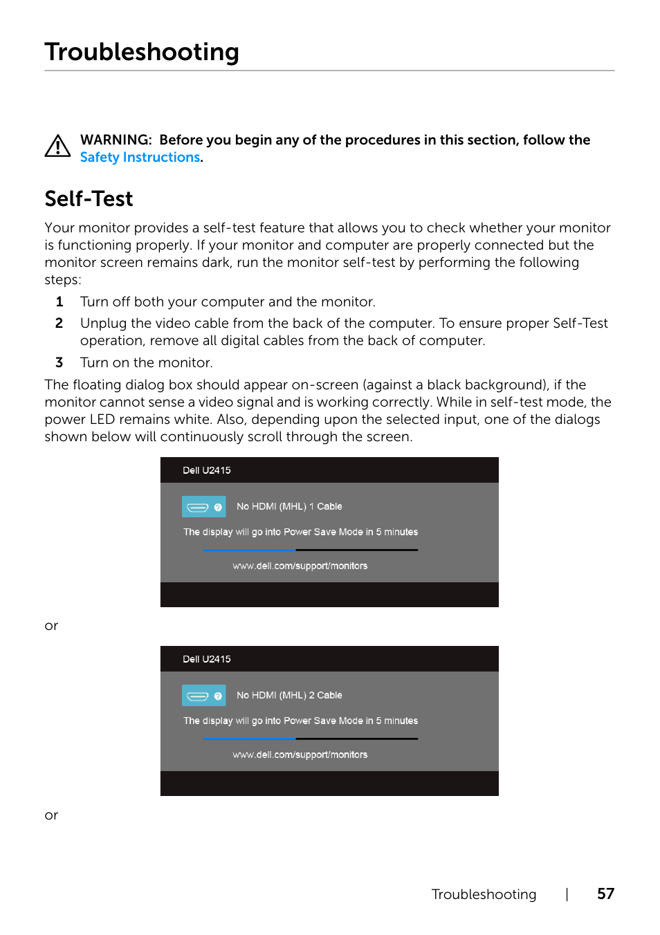 Troubleshooting, Self-test | Dell U2415 Monitor User Manual | Page 57 / 65