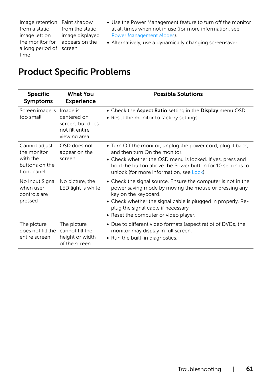 Product specific problems | Dell U2415 Monitor User Manual | Page 61 / 65