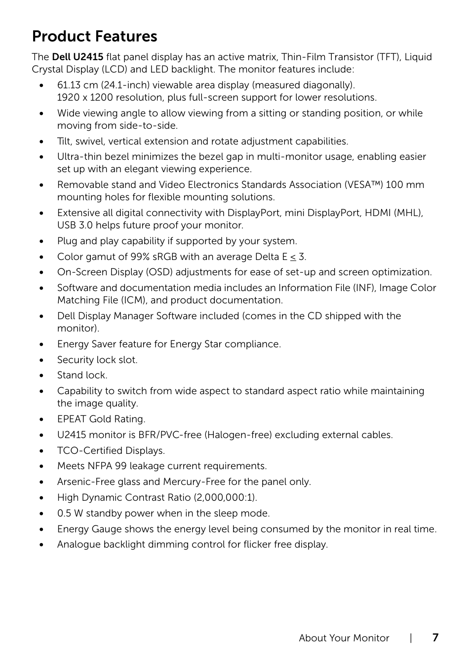 Product features | Dell U2415 Monitor User Manual | Page 7 / 65