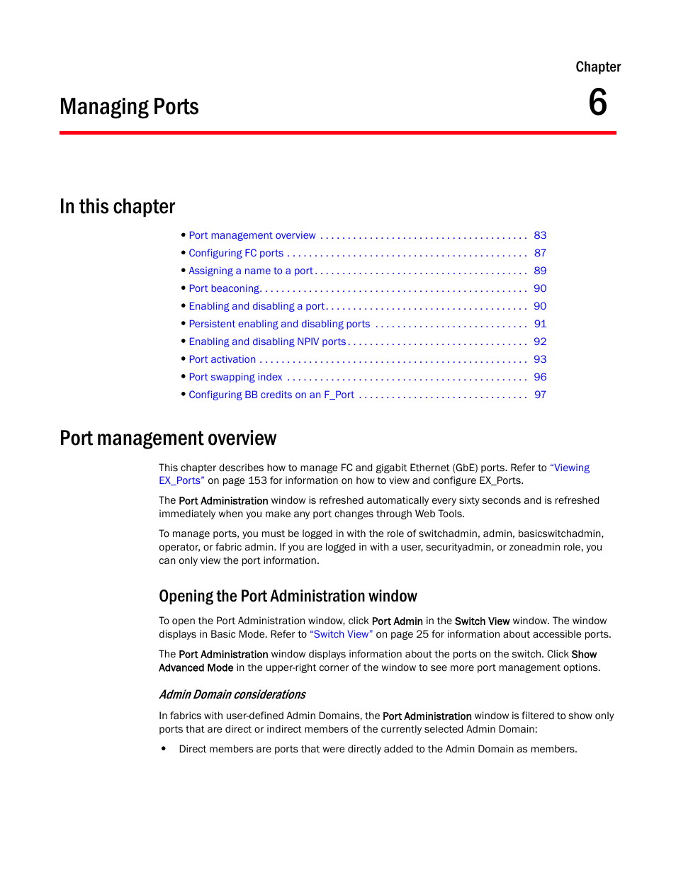 Managing ports, In this chapter, Port management overview | Opening the port administration window, Chapter 6, Chapter 6, “managing ports | Dell POWEREDGE M1000E User Manual | Page 111 / 310