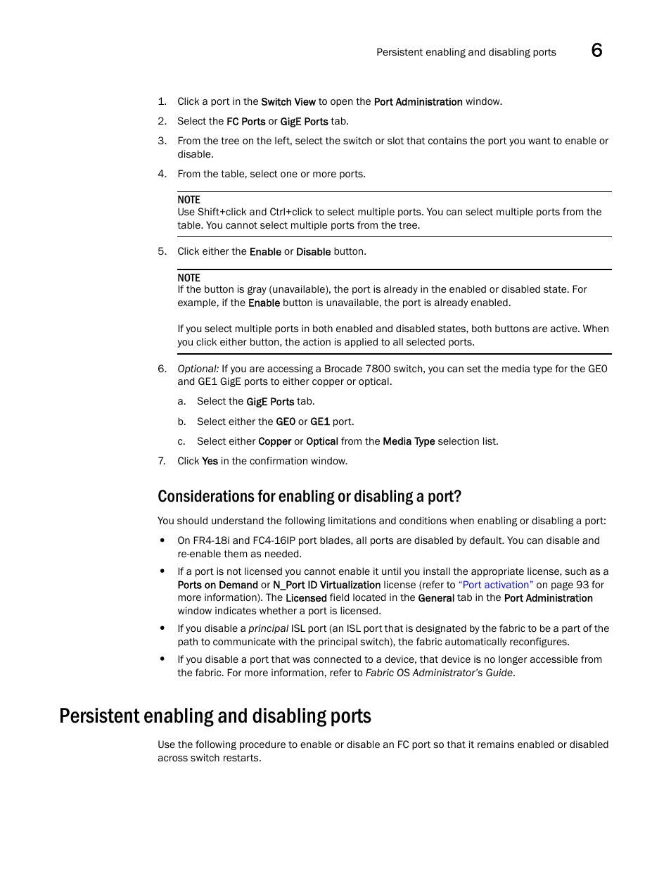 Considerations for enabling or disabling a port, Persistent enabling and disabling ports | Dell POWEREDGE M1000E User Manual | Page 119 / 310