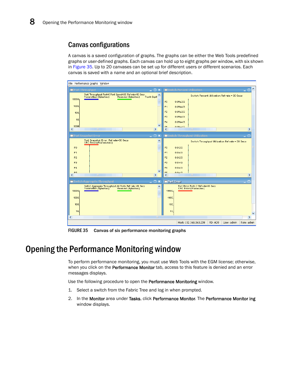 Canvas configurations, Opening the performance monitoring window, Figure 35 | Canvas of six p | Dell POWEREDGE M1000E User Manual | Page 136 / 310