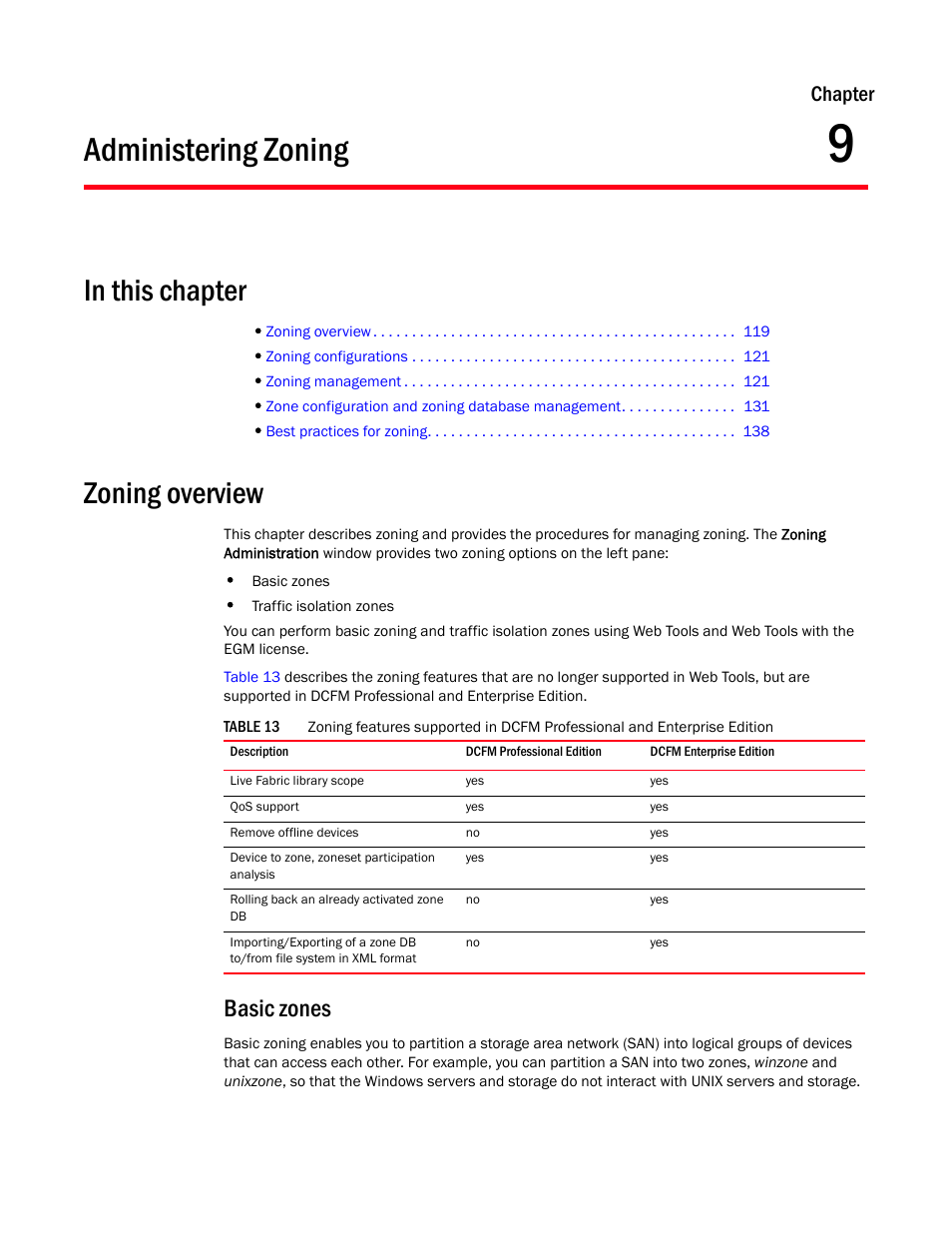 Administering zoning, In this chapter, Zoning overview | Basic zones, Chapter 9, Table 13, Chapter 9, “administering zoning, Chapter | Dell POWEREDGE M1000E User Manual | Page 147 / 310