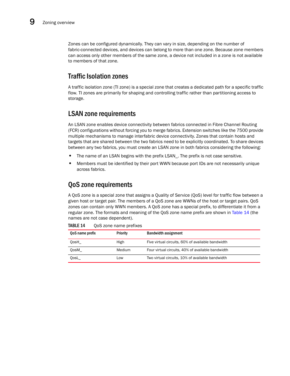 Traffic isolation zones, Lsan zone requirements, Qos zone requirements | Table 14 | Dell POWEREDGE M1000E User Manual | Page 148 / 310