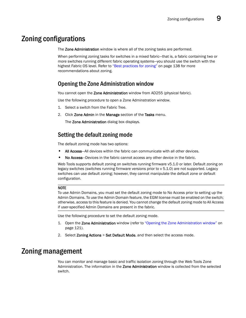 Zoning configurations, Opening the zone administration window, Setting the default zoning mode | Zoning management | Dell POWEREDGE M1000E User Manual | Page 149 / 310