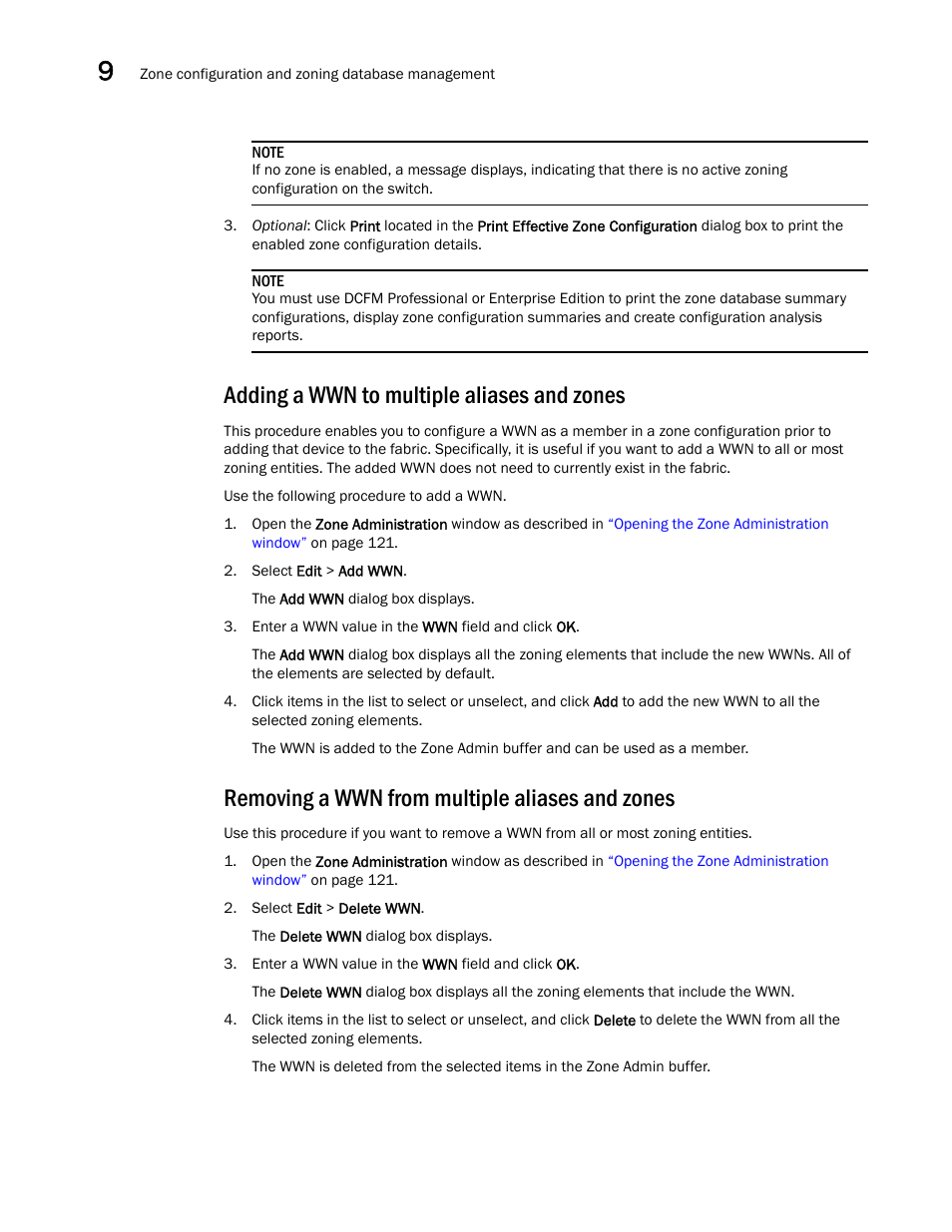 Adding a wwn to multiple aliases and zones, Removing a wwn from multiple aliases and zones | Dell POWEREDGE M1000E User Manual | Page 164 / 310