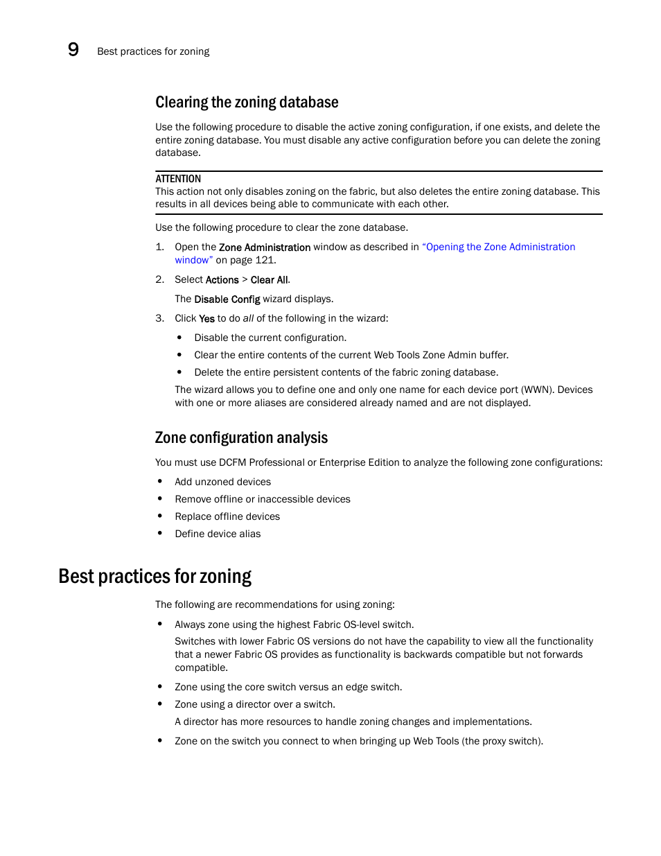 Clearing the zoning database, Zone configuration analysis, Best practices for zoning | Dell POWEREDGE M1000E User Manual | Page 166 / 310
