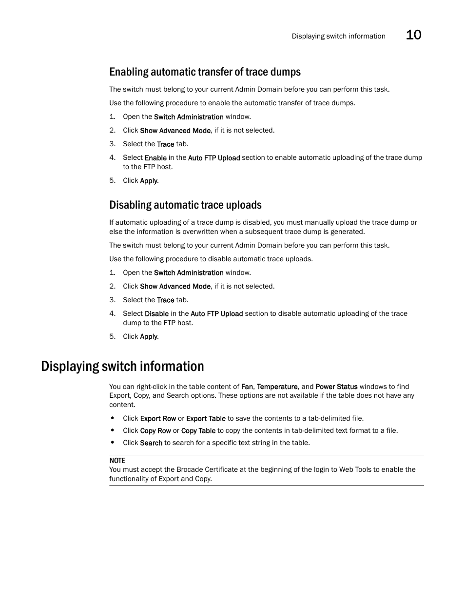 Enabling automatic transfer of trace dumps, Disabling automatic trace uploads, Displaying switch information | Dell POWEREDGE M1000E User Manual | Page 169 / 310