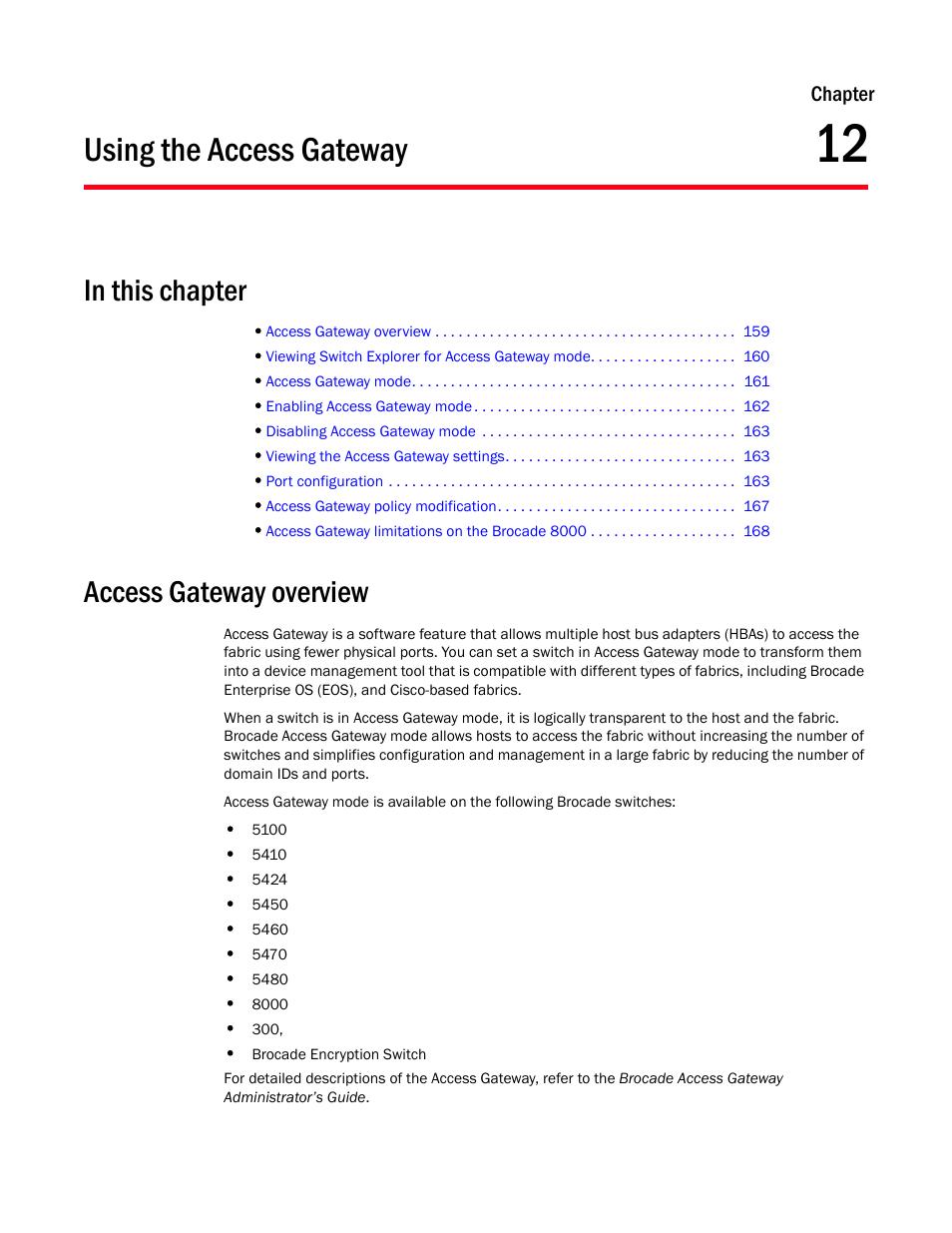 Using the access gateway, In this chapter, Access gateway overview | Chapter 12, Chapter 12, “using the access gateway | Dell POWEREDGE M1000E User Manual | Page 187 / 310