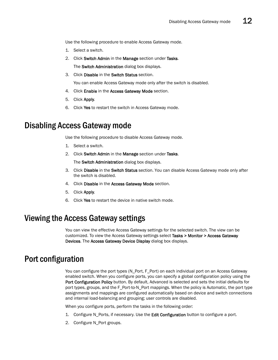 Disabling access gateway mode, Viewing the access gateway settings, Port configuration | Dell POWEREDGE M1000E User Manual | Page 191 / 310