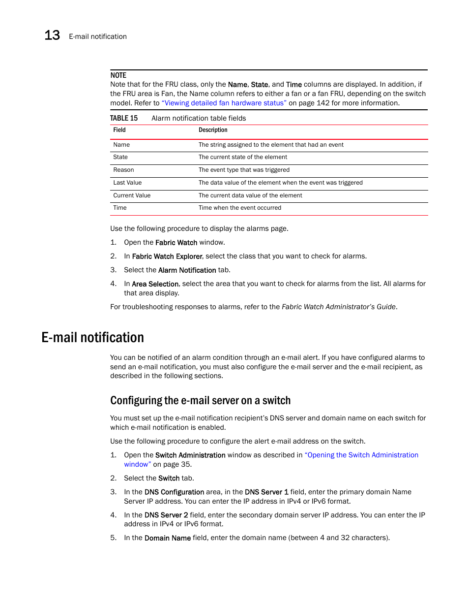 E-mail notification, Configuring the e-mail server on a switch, Table 15 | Dell POWEREDGE M1000E User Manual | Page 206 / 310