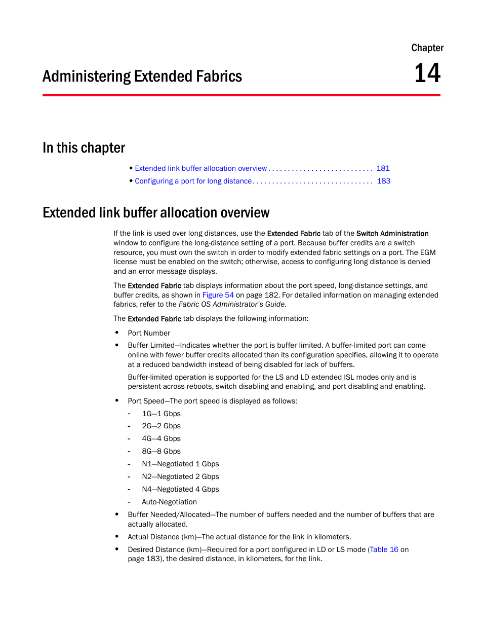 Administering extended fabrics, In this chapter, Extended link buffer allocation overview | Chapter 14, Chapter 14, “administering extended fabrics | Dell POWEREDGE M1000E User Manual | Page 209 / 310