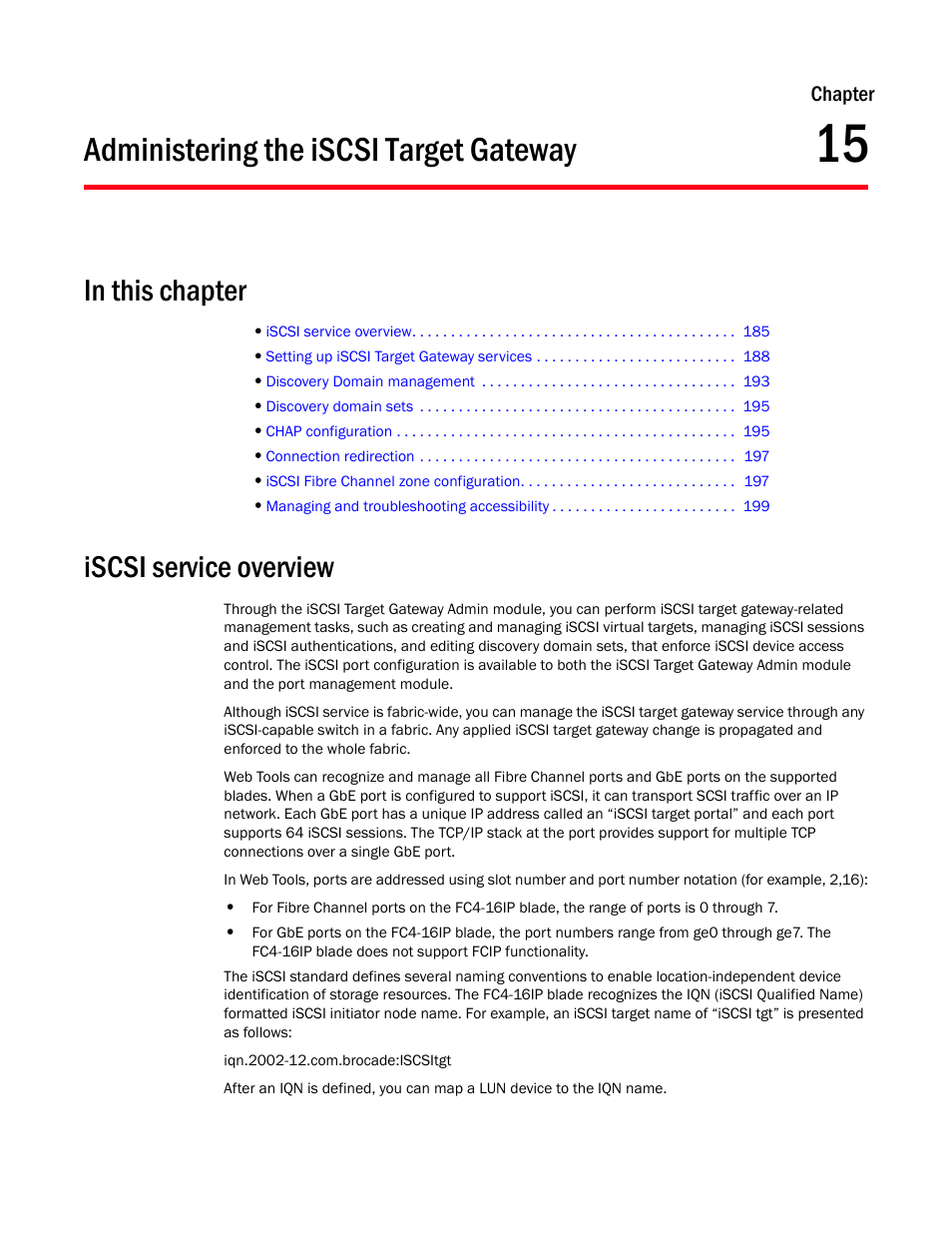 Administering the iscsi target gateway, In this chapter, Iscsi service overview | Chapter 15 | Dell POWEREDGE M1000E User Manual | Page 213 / 310