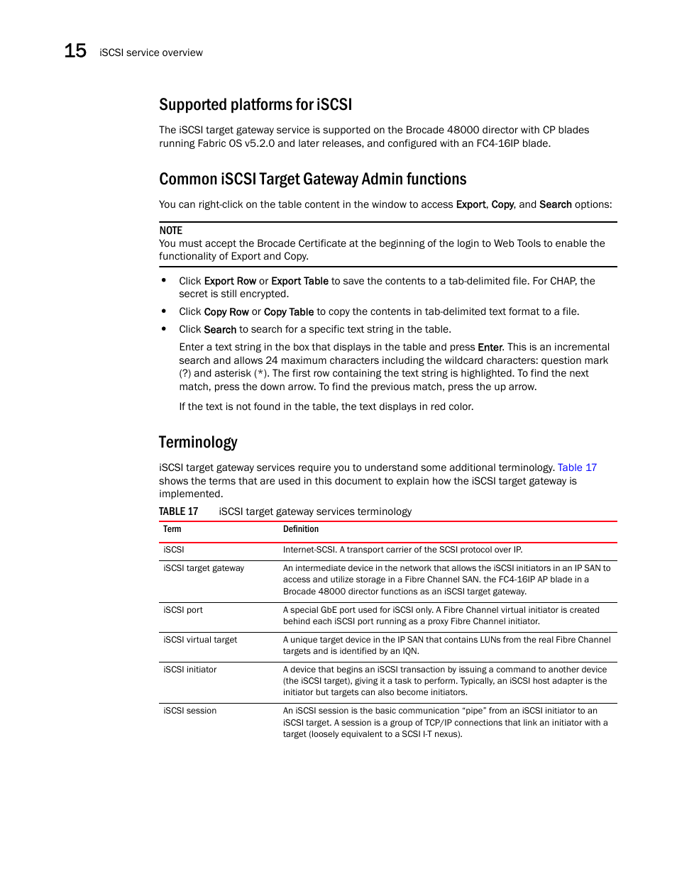 Supported platforms for iscsi, Common iscsi target gateway admin functions, Terminology | Table 17 | Dell POWEREDGE M1000E User Manual | Page 214 / 310