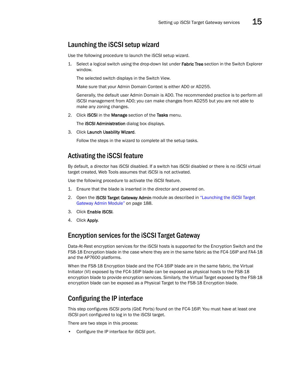 Launching the iscsi setup wizard, Activating the iscsi feature, Encryption services for the iscsi target gateway | Configuring the ip interface | Dell POWEREDGE M1000E User Manual | Page 217 / 310