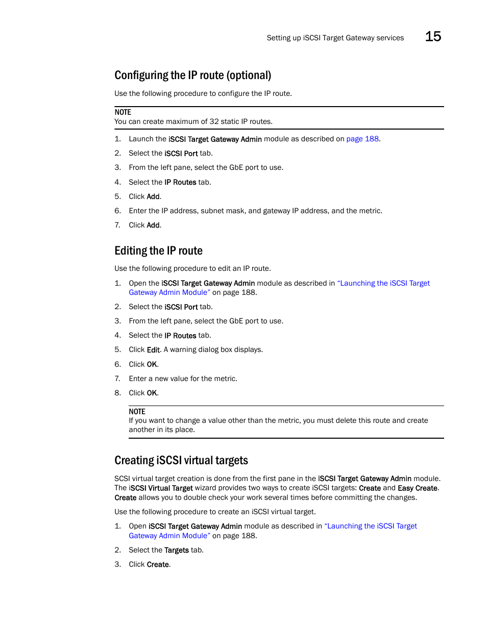 Configuring the ip route (optional), Editing the ip route, Creating iscsi virtual targets | Dell POWEREDGE M1000E User Manual | Page 219 / 310