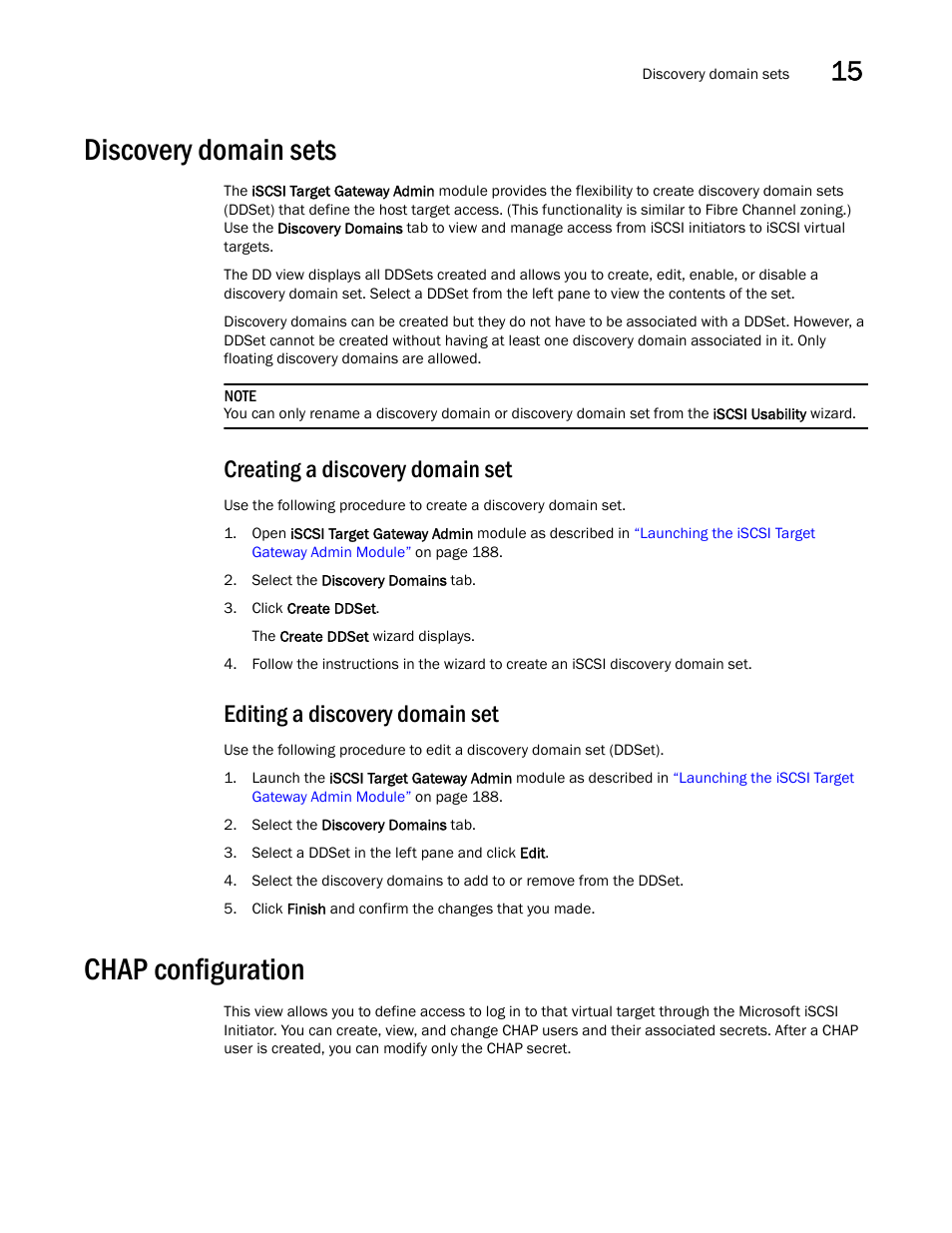Discovery domain sets, Creating a discovery domain set, Editing a discovery domain set | Chap configuration | Dell POWEREDGE M1000E User Manual | Page 223 / 310