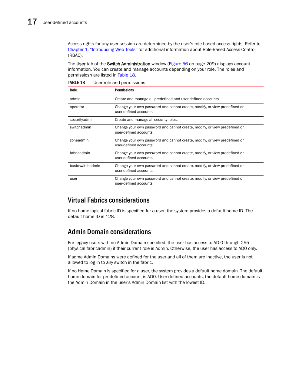 Virtual fabrics considerations, Admin domain considerations, Table 18 | Dell POWEREDGE M1000E User Manual | Page 236 / 310